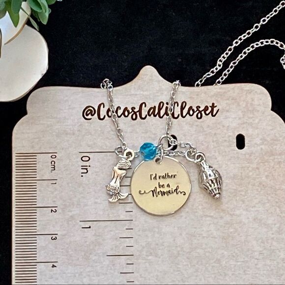 I’d Rather Be A Mermaid Shell Bead Silver Tone Charm Necklace NWT - Picture 6 of 9